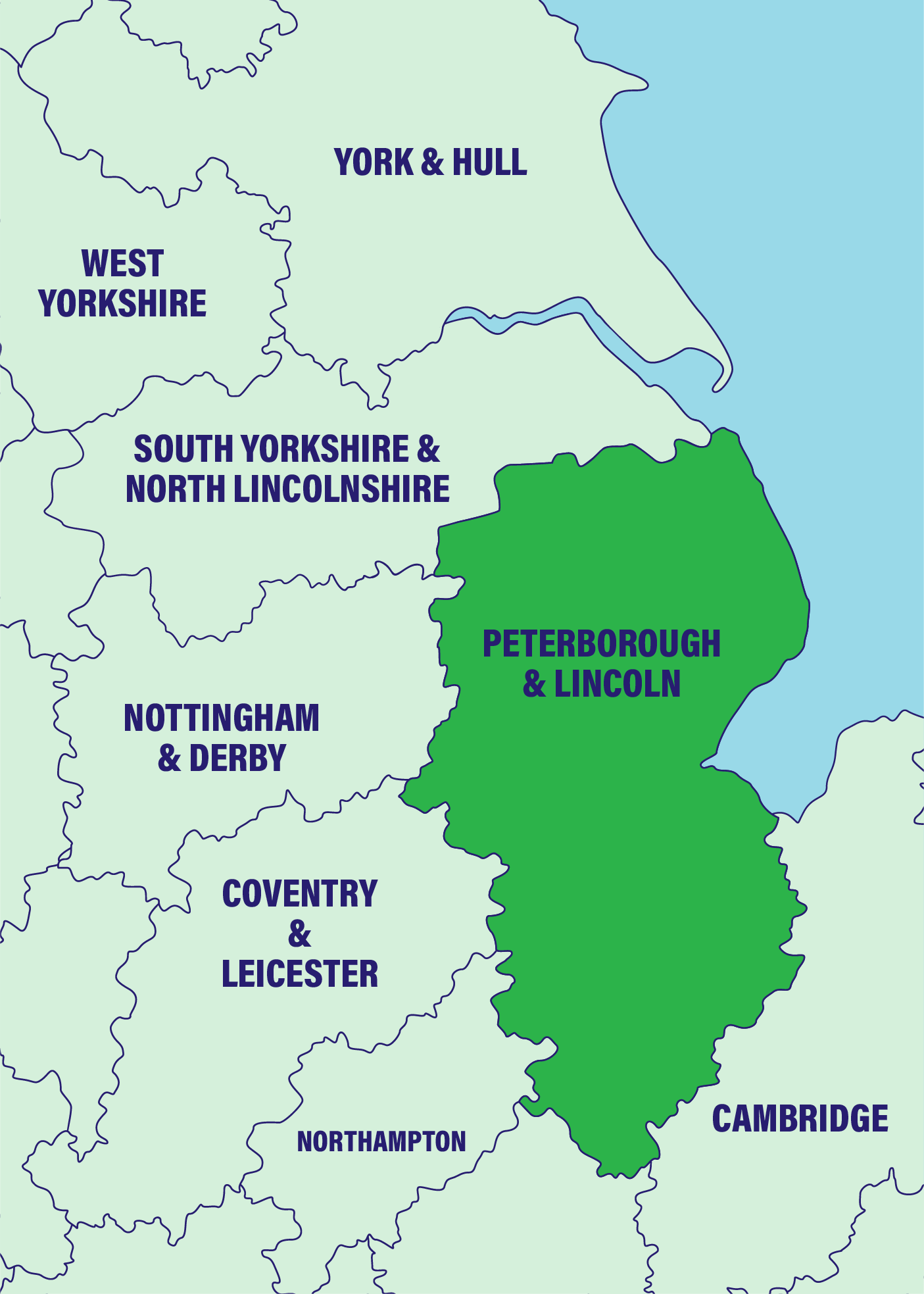 A map to show the Metro Rod Peterborough & Lincoln coverage area